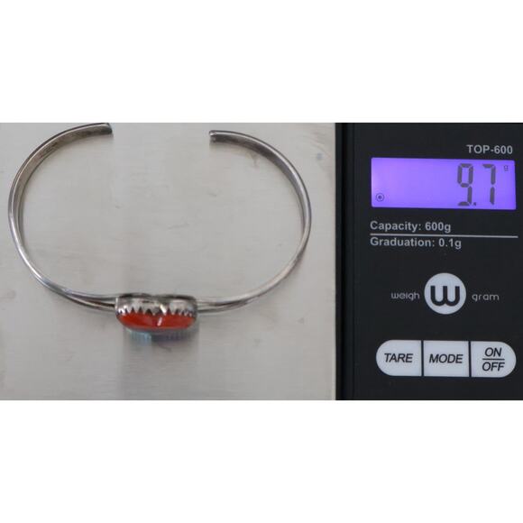 QT Navajo Sterling Silver Zuni Heart Cuff Coral Bracelet 9.7G / 5.75in - Picture 5 of 5